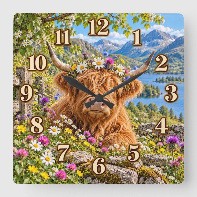 Highland Cow Mountain Lake Clock (Front)
