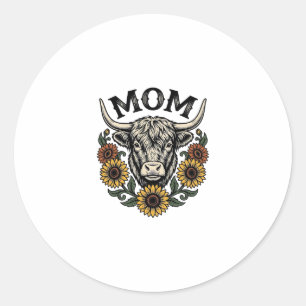 Highland Cow Mum Vintage Sunflower Western Design Classic Round Sticker