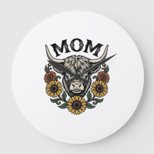 Highland Cow Mum Vintage Sunflower Western Design Large Clock