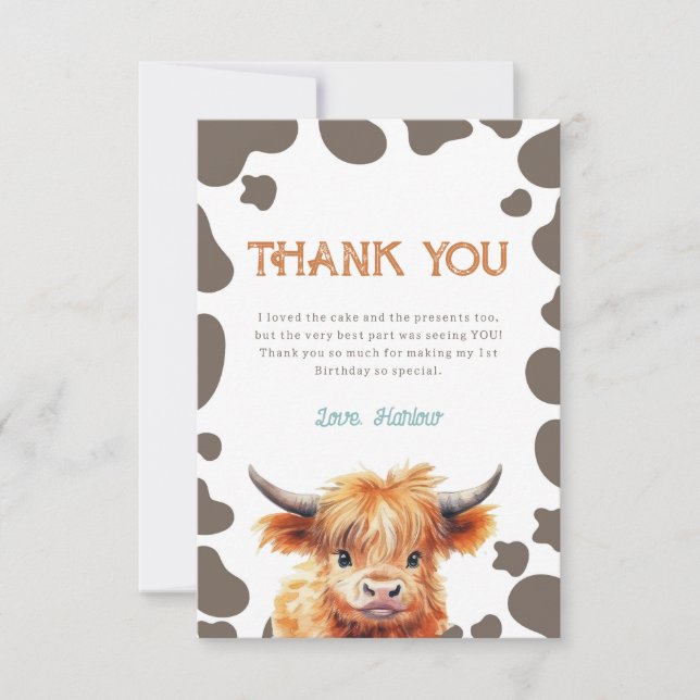 Highland Cow My First Rodeo 1st Birthday Thank You Card (Front)