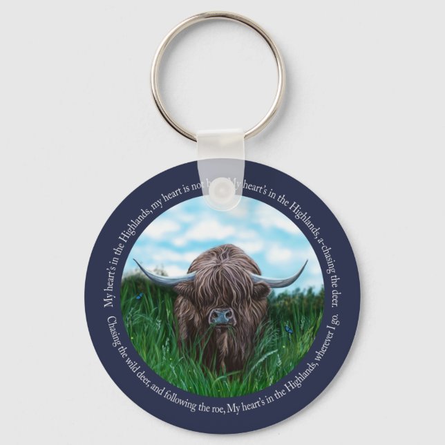 Highland Cow, My Heart's In The Highlands Key Ring (Front)