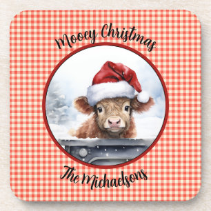 Highland Cow n Santa Hat Gingham Mooey Christmas Coaster