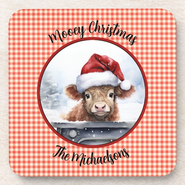 Highland Cow n Santa Hat Gingham Mooey Christmas Coaster (Front)