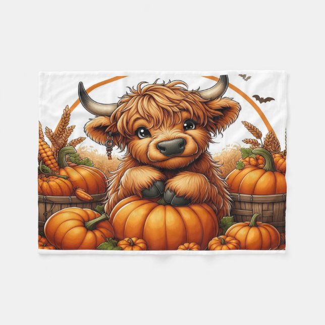 Highland Cow Nestled Among Autumn Harvest Pumpkins Fleece Blanket (Front (Horizontal))
