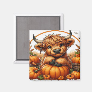 Highland Cow Nestled Among Autumn Harvest Pumpkins Magnet