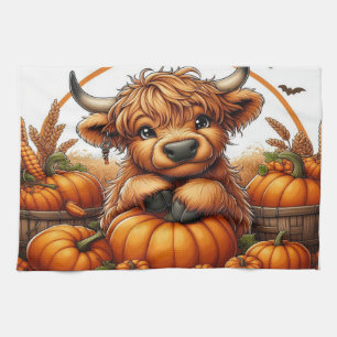 Highland Cow Nestled Among Autumn Harvest Pumpkins Tea Towel