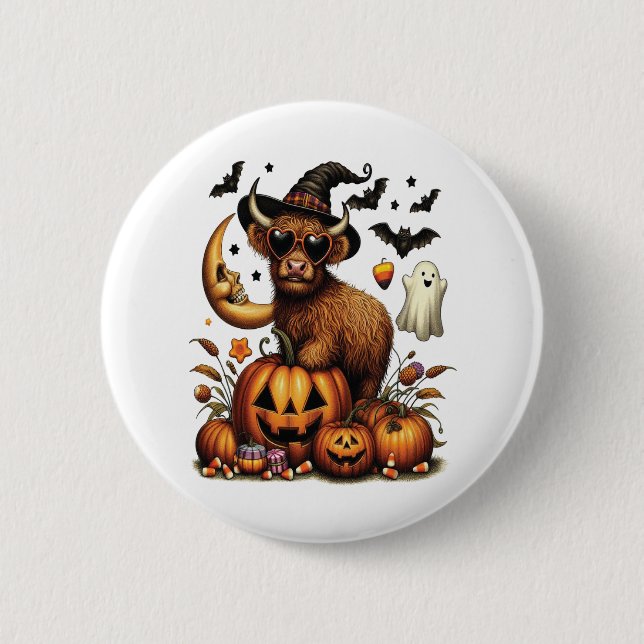 Highland Cow on Pumpkin Halloween 6 Cm Round Badge (Front)