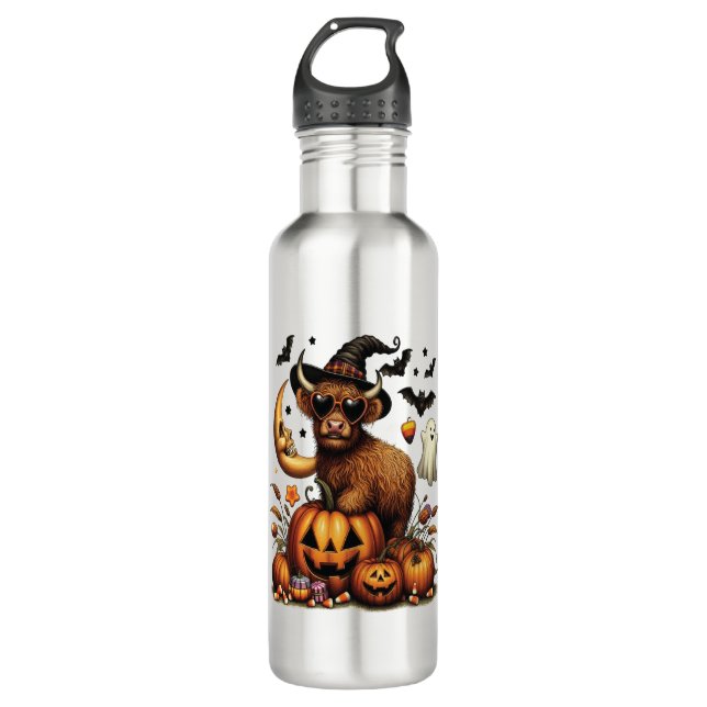 Highland Cow on Pumpkin Halloween 710 Ml Water Bottle (Front)