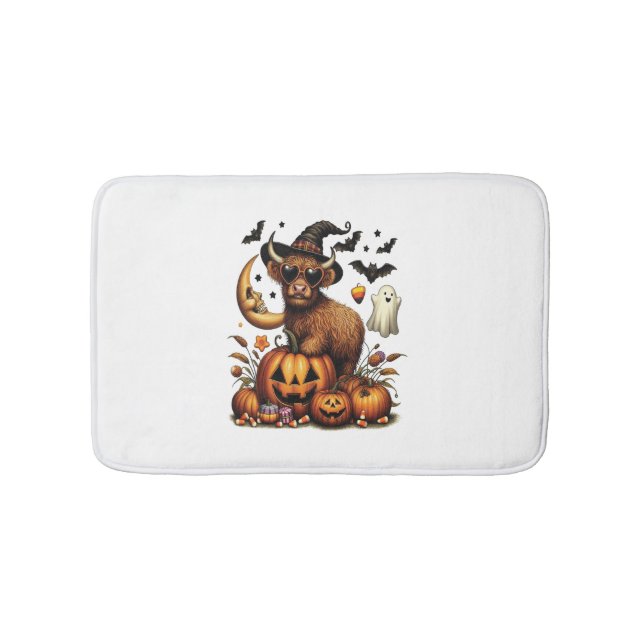 Highland Cow on Pumpkin Halloween Bath Mat (Front)