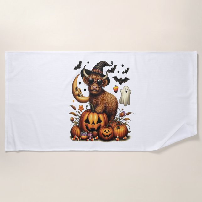 Highland Cow on Pumpkin Halloween Beach Towel (Front)