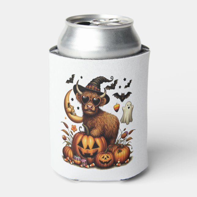 Highland Cow on Pumpkin Halloween Can Cooler (Can Front)