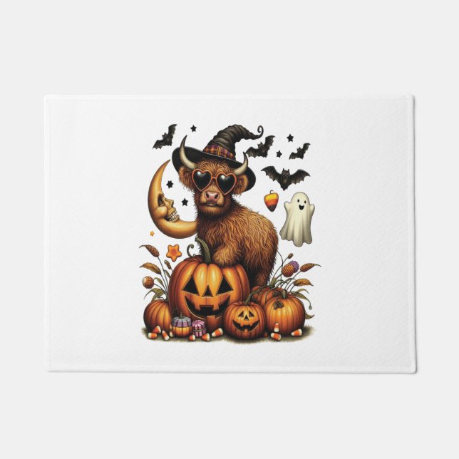 Highland Cow on Pumpkin Halloween Doormat (Front)