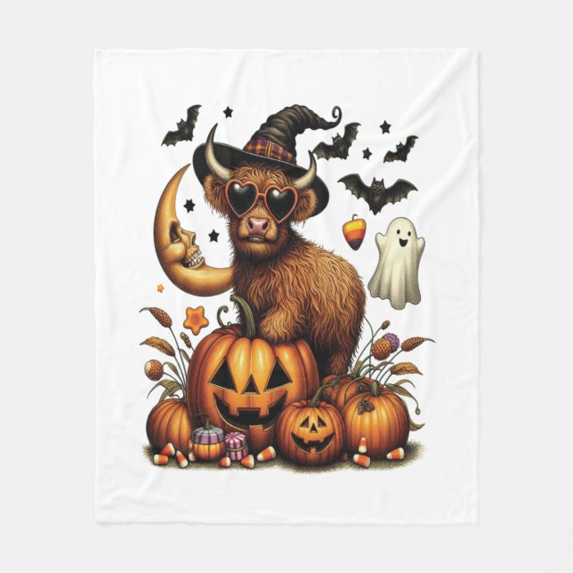 Highland Cow on Pumpkin Halloween Fleece Blanket (Front)