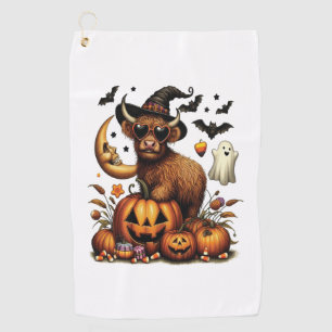 Highland Cow on Pumpkin Halloween Golf Towel