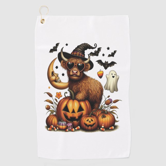 Highland Cow on Pumpkin Halloween Golf Towel (Front)