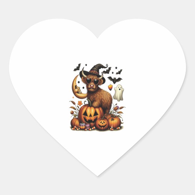 Highland Cow on Pumpkin Halloween Heart Sticker (Front)