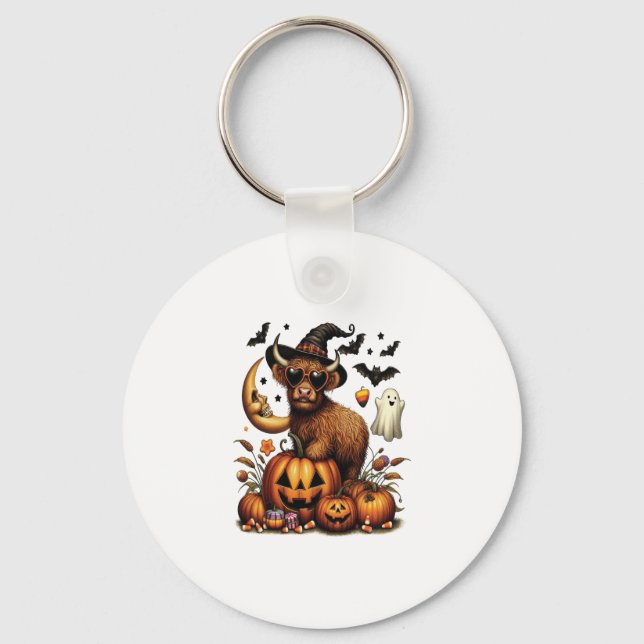 Highland Cow on Pumpkin Halloween Key Ring (Front)