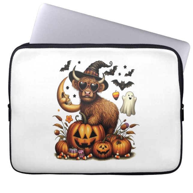 Highland Cow on Pumpkin Halloween Laptop Sleeve (Front)