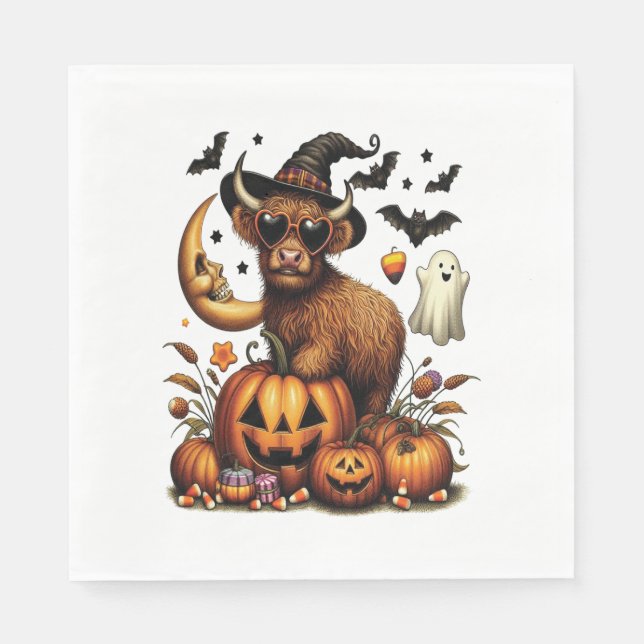 Highland Cow on Pumpkin Halloween Napkin (Front)
