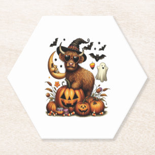Highland Cow on Pumpkin Halloween Paper Coaster