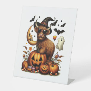 Highland Cow on Pumpkin Halloween Pedestal Sign