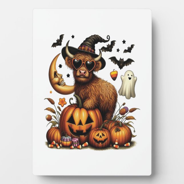 Highland Cow on Pumpkin Halloween Plaque (Front)