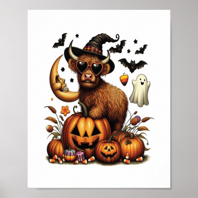 Highland Cow on Pumpkin Halloween Poster (Front)