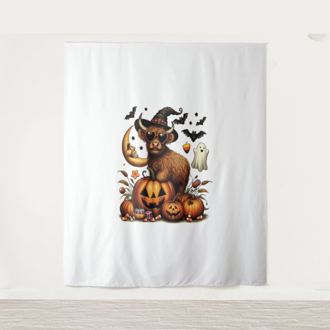 Highland Cow on Pumpkin Halloween Tapestry (Front)