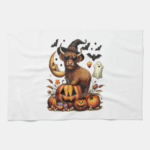 Highland Cow on Pumpkin Halloween Tea Towel