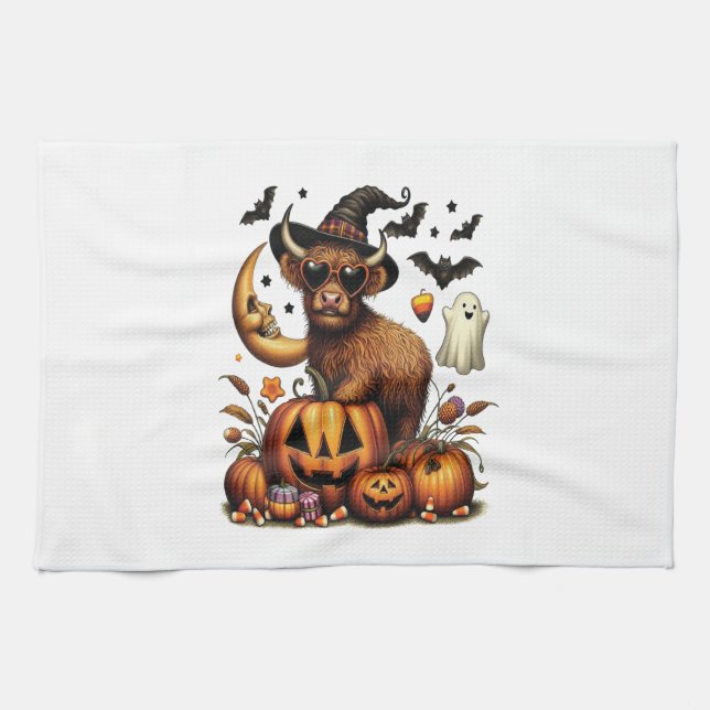 Highland Cow on Pumpkin Halloween Tea Towel (Horizontal)