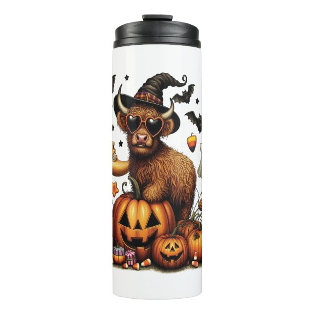 Highland Cow on Pumpkin Halloween Thermal Tumbler (Front)