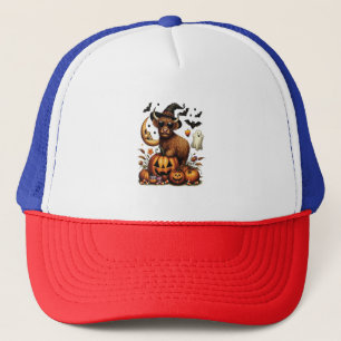 Highland Cow on Pumpkin Halloween Trucker Hat