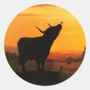Highland Cow or Calf and Butterfly Sunset Cute Classic Round Sticker