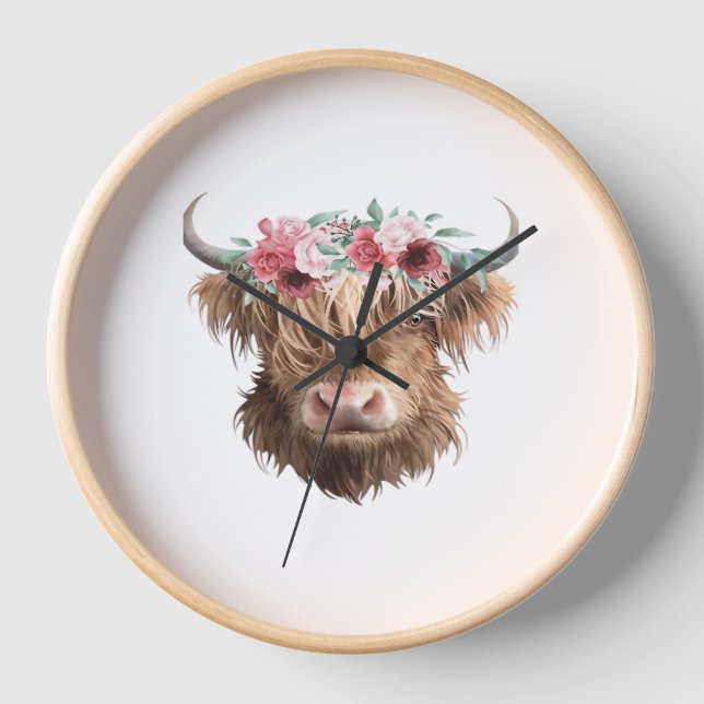 Highland Cow Painting Classic T-Shirt Clock (Front)