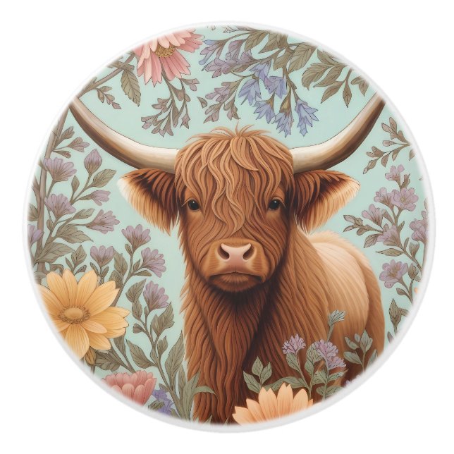 Highland Cow Pastel William Morris Inspired Floral Ceramic Knob (Front)