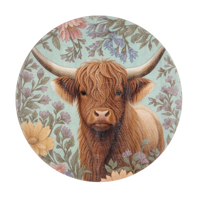 Highland Cow Pastel William Morris Inspired Floral Cutting Board (Front)