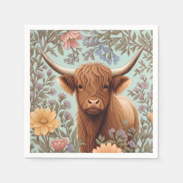 Highland Cow Pastel William Morris Inspired Floral Napkin (Front)