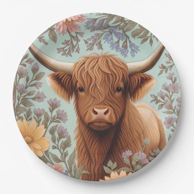 Highland Cow Pastel William Morris Inspired Floral Paper Plate (Front)