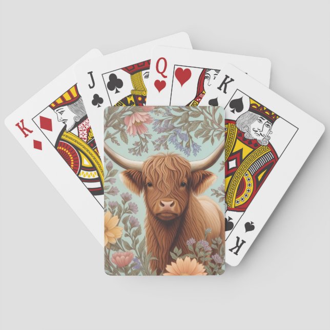 Highland Cow Pastel William Morris Inspired Floral Playing Cards (Back)