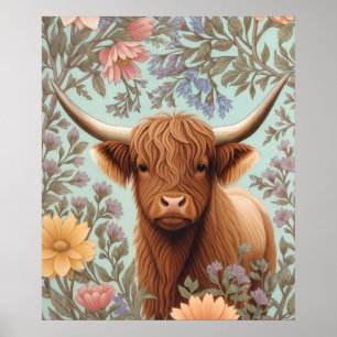 Highland Cow Pastel William Morris Inspired Floral Poster
