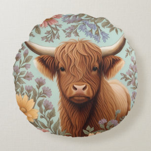 Highland Cow Pastel William Morris Inspired Floral Round Cushion