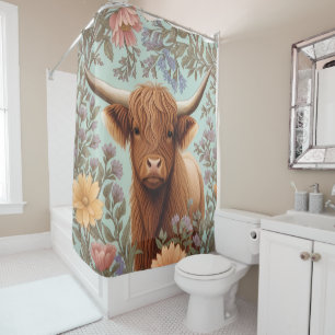 Highland Cow Pastel William Morris Inspired Floral Shower Curtain