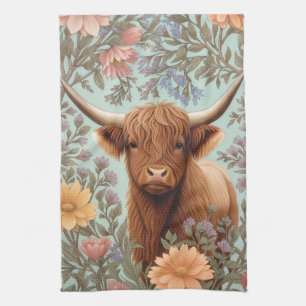 Highland Cow Pastel William Morris Inspired Floral Tea Towel