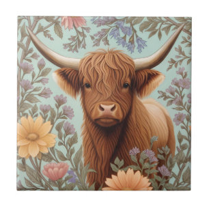 Highland Cow Pastel William Morris Inspired Floral Tile