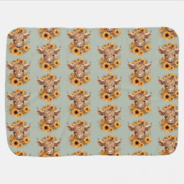 Highland Cow Pattern Baby Blanket Sunflowers Sage