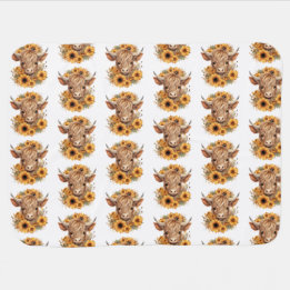 Highland Cow Pattern Sunflowers Initial White Baby Blanket