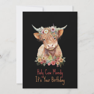 Highland Cow Personalised Cute Floral Birthday  Invitation