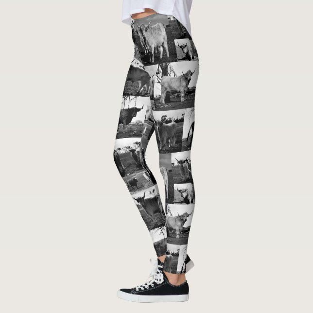Highland Cow Photo Collage In Black And White, Leggings (Left)