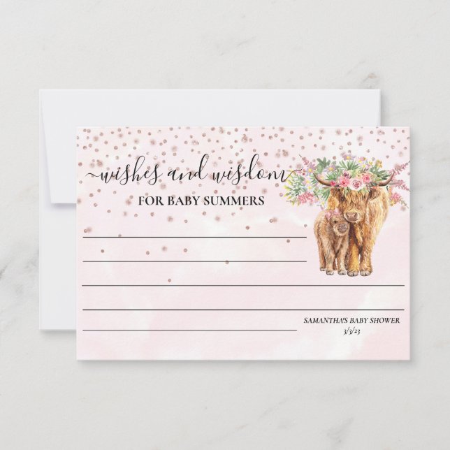 Highland cow Pink Baby Shower Wishes Wisdom  Invitation (Front)