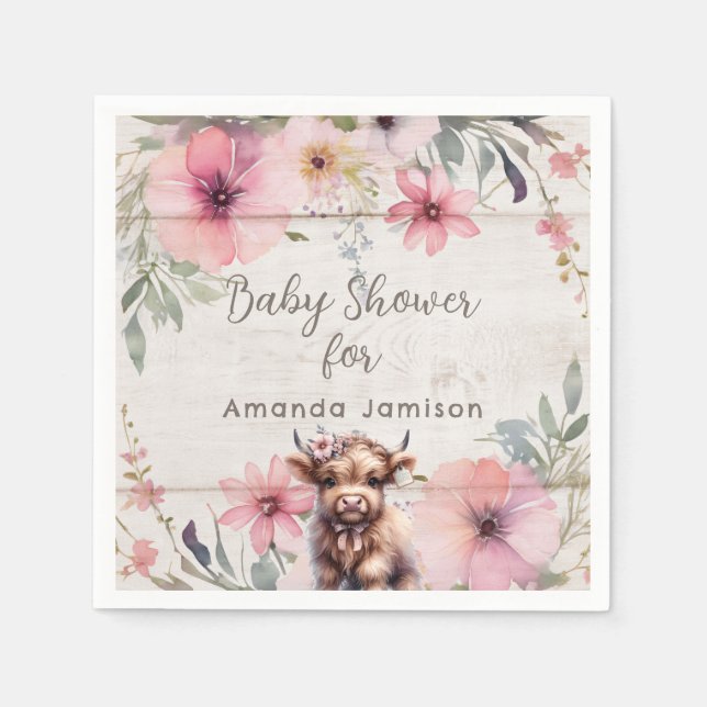 Highland Cow Pink Floral Adorable Baby Girl Shower Napkin (Front)